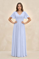Short Sleeve Chiffon V - Neck A - Line Bridesmaid Dress in Ice - KissProm Bridesmaid Dresses