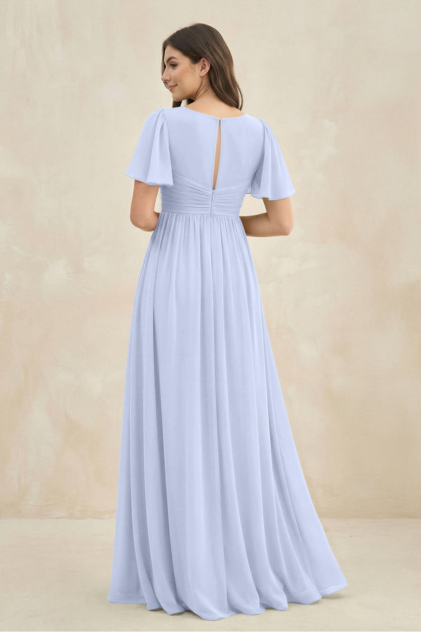 Short Sleeve Chiffon V - Neck A - Line Bridesmaid Dress in Ice - KissProm Bridesmaid Dresses