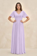 Short Sleeve Chiffon V - Neck A - Line Bridesmaid Dress in Lavender - KissProm Bridesmaid Dresses