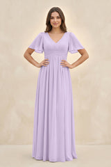 Short Sleeve Chiffon V - Neck A - Line Bridesmaid Dress in Lavender - KissProm Bridesmaid Dresses