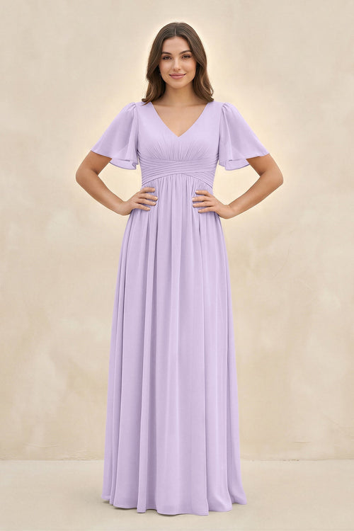 Short Sleeve Chiffon V - Neck A - Line Bridesmaid Dress in Lavender - KissProm Bridesmaid Dresses