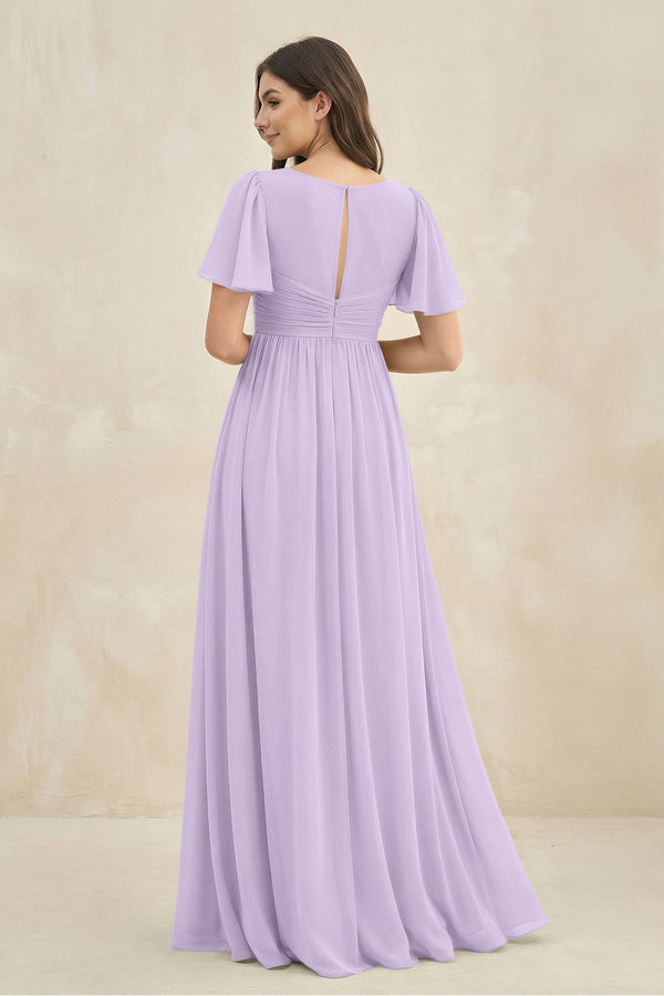 Short Sleeve Chiffon V - Neck A - Line Bridesmaid Dress in Lavender - KissProm Bridesmaid Dresses