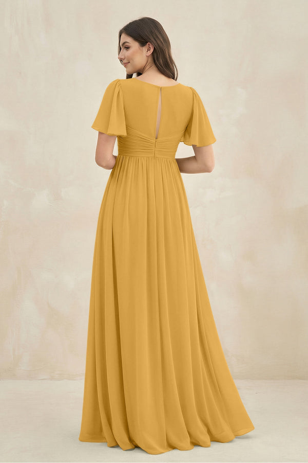 Short Sleeve Chiffon V - Neck A - Line Bridesmaid Dress in Marigold - KissProm Bridesmaid Dresses