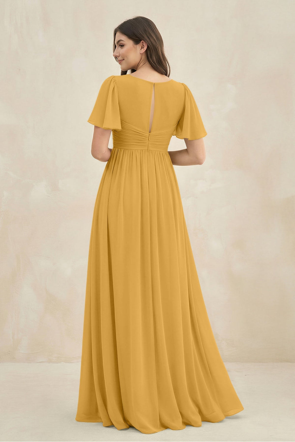 Short Sleeve Chiffon V - Neck A - Line Bridesmaid Dress in Marigold - KissProm Bridesmaid Dresses