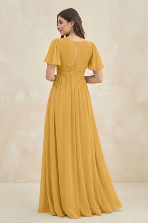 Short Sleeve Chiffon V - Neck A - Line Bridesmaid Dress in Marigold - KissProm Bridesmaid Dresses