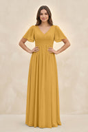 Short Sleeve Chiffon V - Neck A - Line Bridesmaid Dress in Marigold - KissProm Bridesmaid Dresses