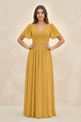 Short Sleeve Chiffon V - Neck A - Line Bridesmaid Dress in Marigold - KissProm Bridesmaid Dresses