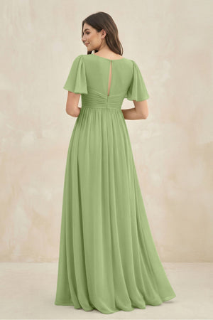 Short Sleeve Chiffon V - Neck A - Line Bridesmaid Dress in Matcha - KissProm Bridesmaid Dresses