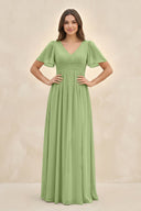 Short Sleeve Chiffon V - Neck A - Line Bridesmaid Dress in Matcha - KissProm Bridesmaid Dresses