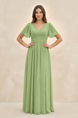 Short Sleeve Chiffon V - Neck A - Line Bridesmaid Dress in Matcha - KissProm Bridesmaid Dresses