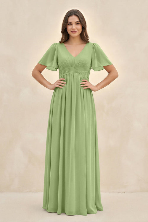 Short Sleeve Chiffon V - Neck A - Line Bridesmaid Dress in Matcha - KissProm Bridesmaid Dresses