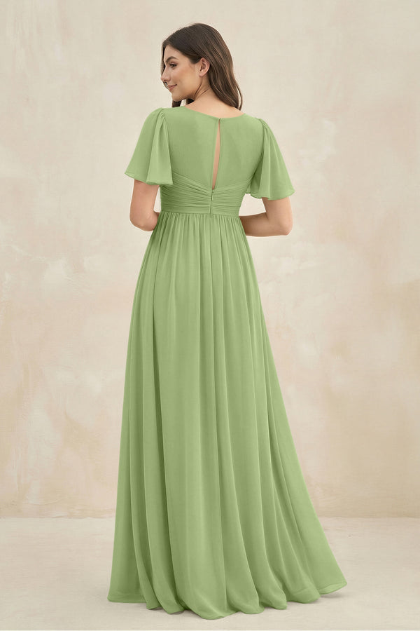 Short Sleeve Chiffon V - Neck A - Line Bridesmaid Dress in Matcha - KissProm Bridesmaid Dresses