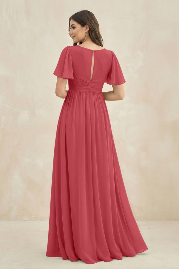Short Sleeve Chiffon V - Neck A - Line Bridesmaid Dress in Merlot - KissProm Bridesmaid Dresses