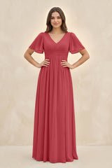 Short Sleeve Chiffon V - Neck A - Line Bridesmaid Dress in Merlot - KissProm Bridesmaid Dresses