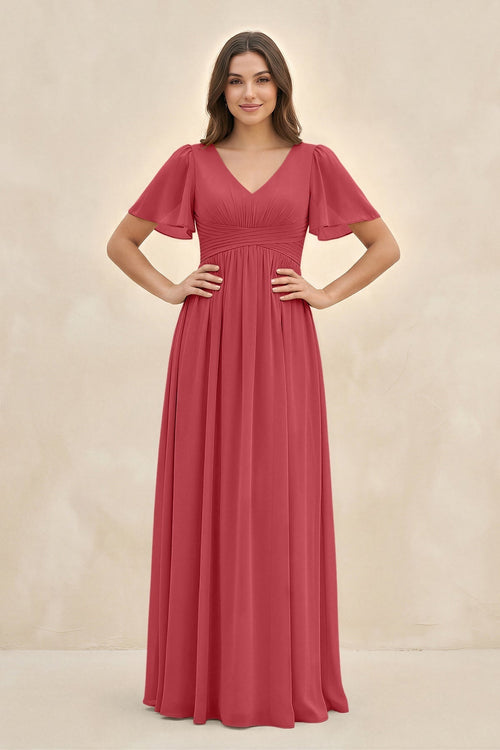 Short Sleeve Chiffon V - Neck A - Line Bridesmaid Dress in Merlot - KissProm Bridesmaid Dresses