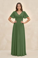 Short Sleeve Chiffon V - Neck A - Line Bridesmaid Dress in Moss - KissProm Bridesmaid Dresses