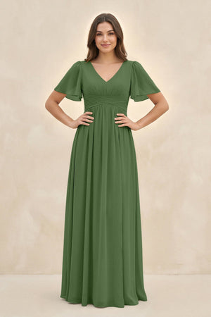 Short Sleeve Chiffon V - Neck A - Line Bridesmaid Dress in Moss - KissProm Bridesmaid Dresses