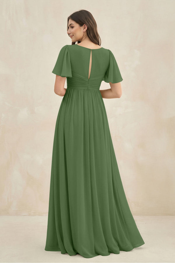 Short Sleeve Chiffon V - Neck A - Line Bridesmaid Dress in Moss - KissProm Bridesmaid Dresses