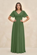 Short Sleeve Chiffon V - Neck A - Line Bridesmaid Dress in Moss - KissProm Bridesmaid Dresses