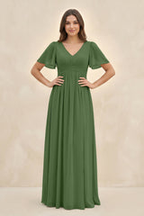 Short Sleeve Chiffon V - Neck A - Line Bridesmaid Dress in Moss - KissProm Bridesmaid Dresses