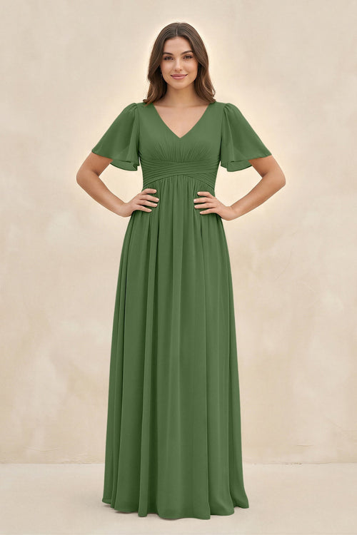 Short Sleeve Chiffon V - Neck A - Line Bridesmaid Dress in Moss - KissProm Bridesmaid Dresses