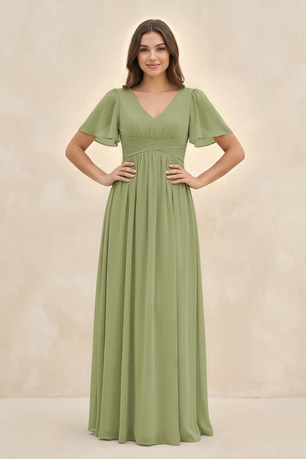 Short Sleeve Chiffon V - Neck A - Line Bridesmaid Dress in Moss Green - KissProm Bridesmaid Dresses