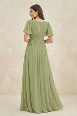 Short Sleeve Chiffon V - Neck A - Line Bridesmaid Dress in Moss Green - KissProm Bridesmaid Dresses