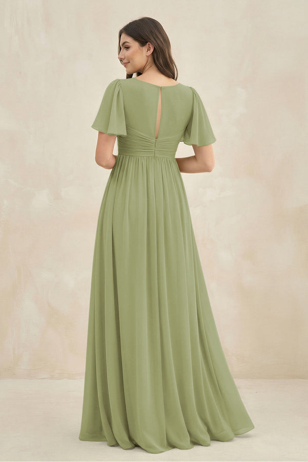 Short Sleeve Chiffon V - Neck A - Line Bridesmaid Dress in Moss Green - KissProm Bridesmaid Dresses
