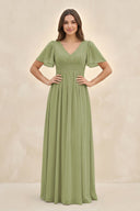 Short Sleeve Chiffon V - Neck A - Line Bridesmaid Dress in Moss Green - KissProm Bridesmaid Dresses
