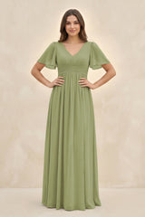 Short Sleeve Chiffon V - Neck A - Line Bridesmaid Dress in Moss Green - KissProm Bridesmaid Dresses