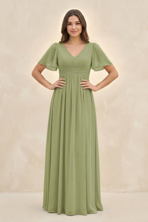 Short Sleeve Chiffon V - Neck A - Line Bridesmaid Dress in Moss Green - KissProm Bridesmaid Dresses