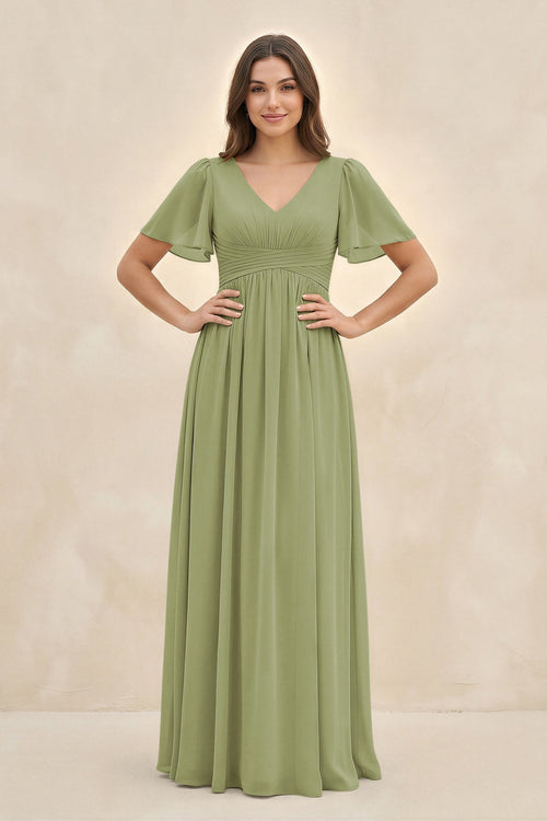 Short Sleeve Chiffon V - Neck A - Line Bridesmaid Dress in Moss Green - KissProm Bridesmaid Dresses