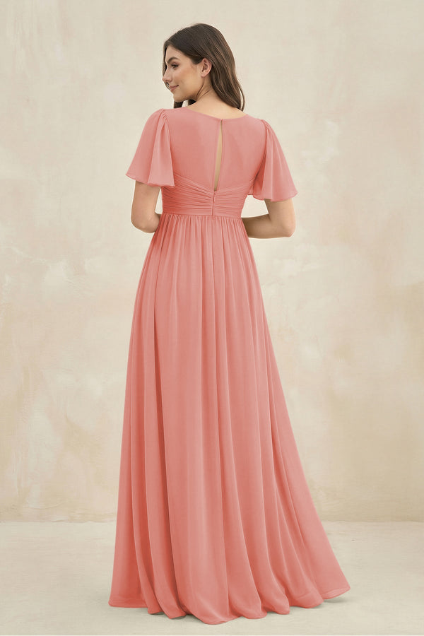 Short Sleeve Chiffon V - Neck A - Line Bridesmaid Dress in Mulberry - KissProm Bridesmaid Dresses