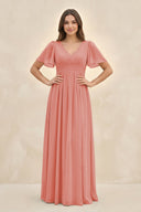 Short Sleeve Chiffon V - Neck A - Line Bridesmaid Dress in Mulberry - KissProm Bridesmaid Dresses