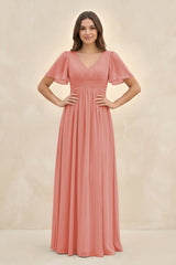 Short Sleeve Chiffon V - Neck A - Line Bridesmaid Dress in Mulberry - KissProm Bridesmaid Dresses