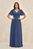 Short Sleeve Chiffon V - Neck A - Line Bridesmaid Dress in Navy - KissProm Bridesmaid Dresses