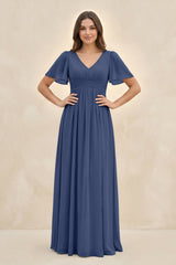 Short Sleeve Chiffon V - Neck A - Line Bridesmaid Dress in Navy - KissProm Bridesmaid Dresses