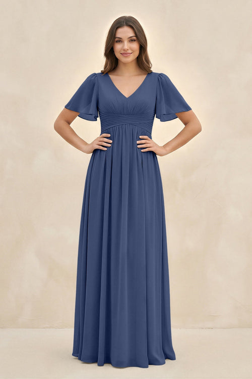 Short Sleeve Chiffon V - Neck A - Line Bridesmaid Dress in Navy - KissProm Bridesmaid Dresses