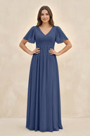 Short Sleeve Chiffon V - Neck A - Line Bridesmaid Dress in Navy - KissProm Bridesmaid Dresses