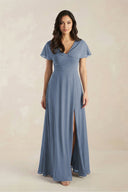 Short Sleeve Chiffon V - Neck A - Line Bridesmaid Dress in Neptune - KissProm Bridesmaid Dresses