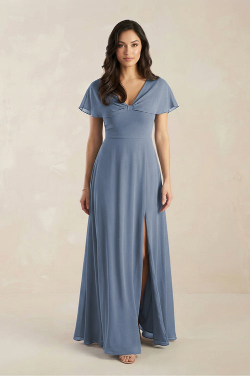 Short Sleeve Chiffon V - Neck A - Line Bridesmaid Dress in Neptune - KissProm Bridesmaid Dresses