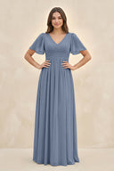 Short Sleeve Chiffon V - Neck A - Line Bridesmaid Dress in Neptune - KissProm Bridesmaid Dresses