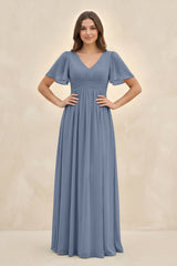 Short Sleeve Chiffon V - Neck A - Line Bridesmaid Dress in Neptune - KissProm Bridesmaid Dresses