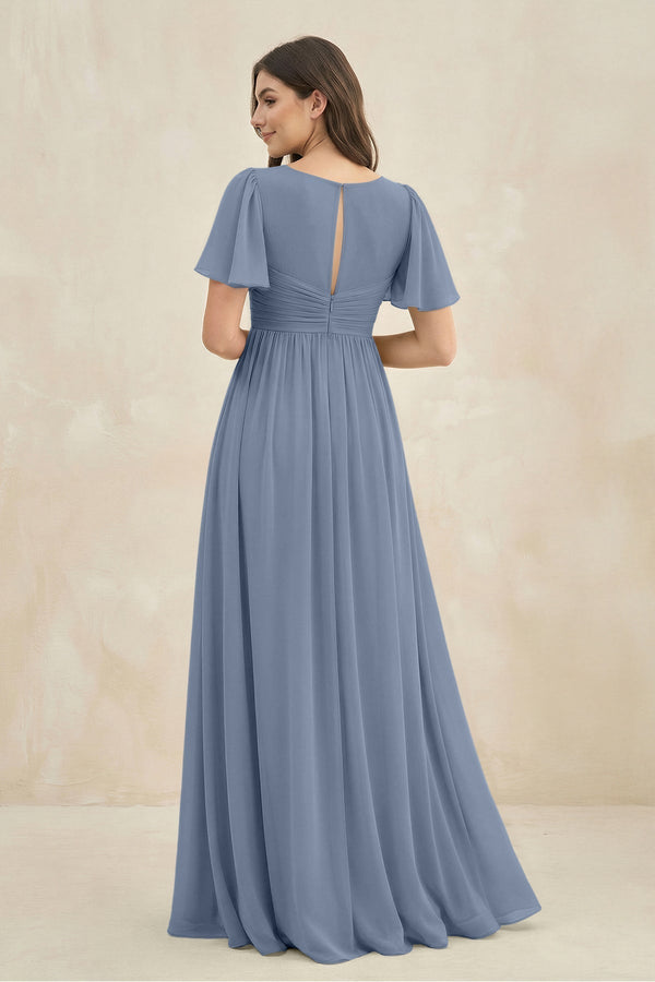 Short Sleeve Chiffon V - Neck A - Line Bridesmaid Dress in Neptune - KissProm Bridesmaid Dresses