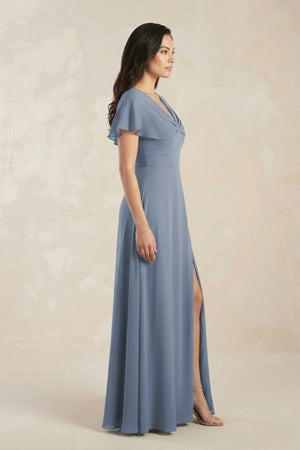 Short Sleeve Chiffon V - Neck A - Line Bridesmaid Dress in Neptune - KissProm Bridesmaid Dresses