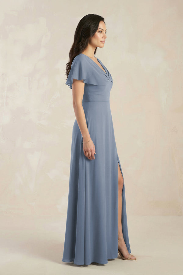Short Sleeve Chiffon V - Neck A - Line Bridesmaid Dress in Neptune - KissProm Bridesmaid Dresses