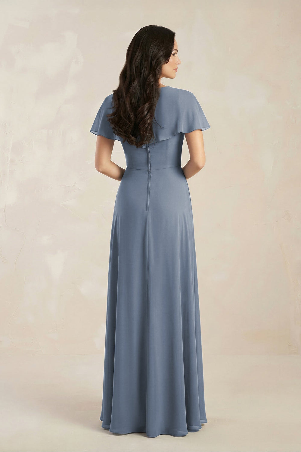 Short Sleeve Chiffon V - Neck A - Line Bridesmaid Dress in Neptune - KissProm Bridesmaid Dresses