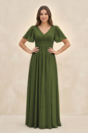 Short Sleeve Chiffon V - Neck A - Line Bridesmaid Dress in Olive - KissProm Bridesmaid Dresses
