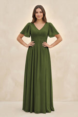 Short Sleeve Chiffon V - Neck A - Line Bridesmaid Dress in Olive - KissProm Bridesmaid Dresses
