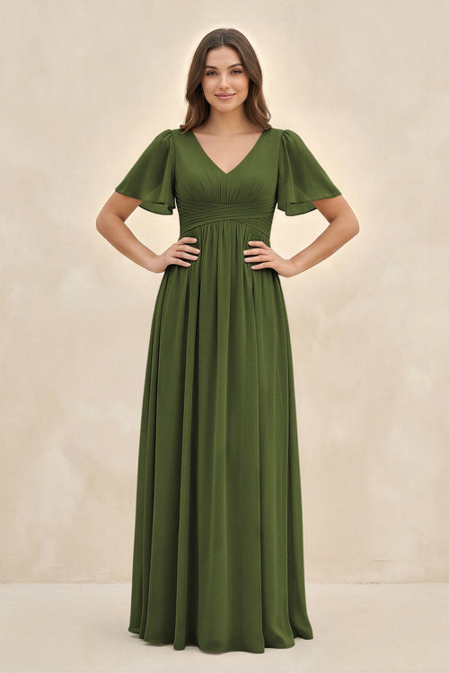 Short Sleeve Chiffon V - Neck A - Line Bridesmaid Dress in Olive - KissProm Bridesmaid Dresses